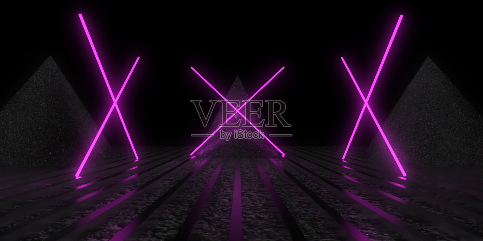 三维抽象背景与霓虹灯。霓虹灯隧道。空间建设。三维插图照片摄影图片