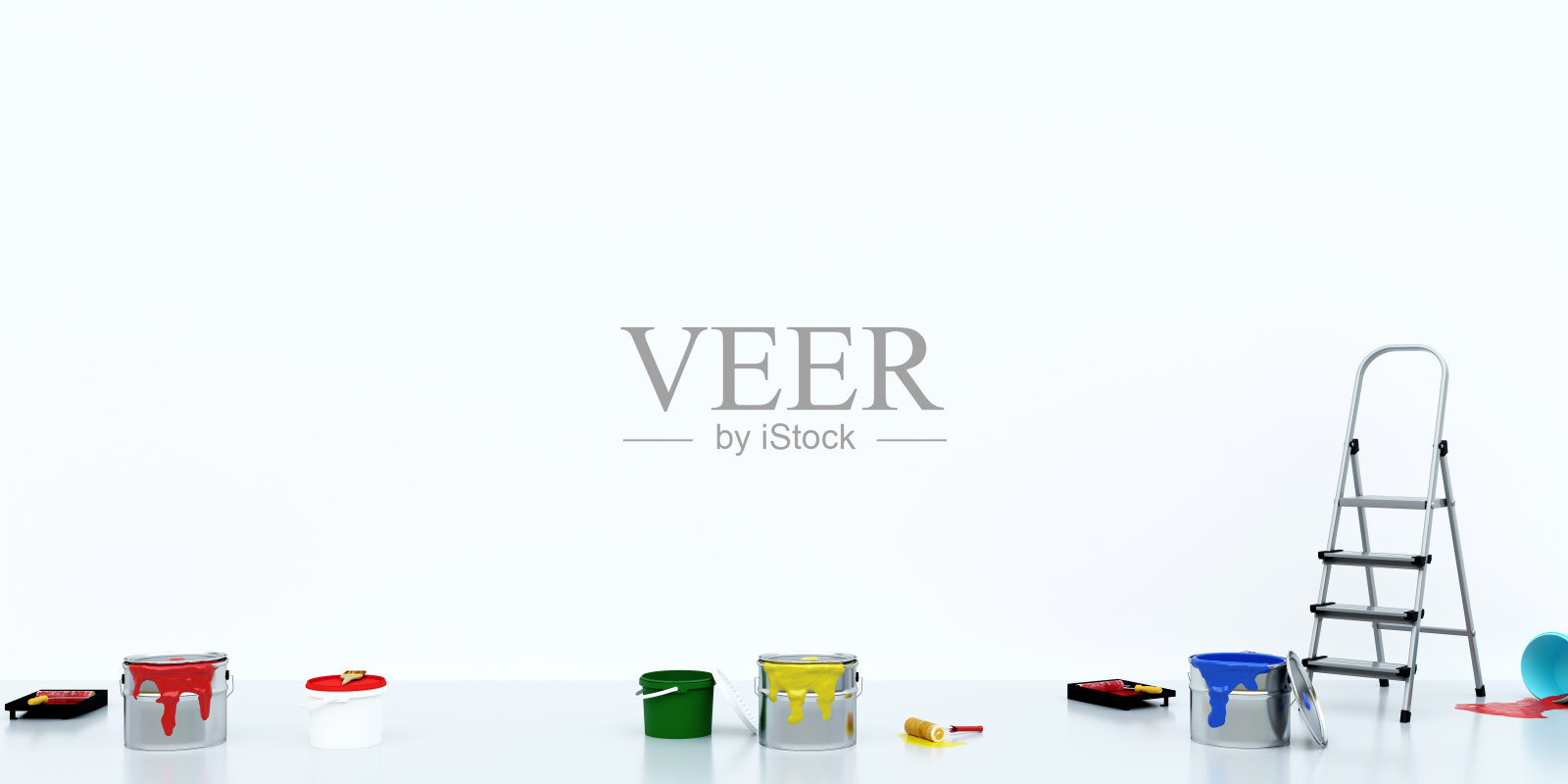 室内装修和绘画。绘图工具和油漆在空房间，三维渲染照片摄影图片