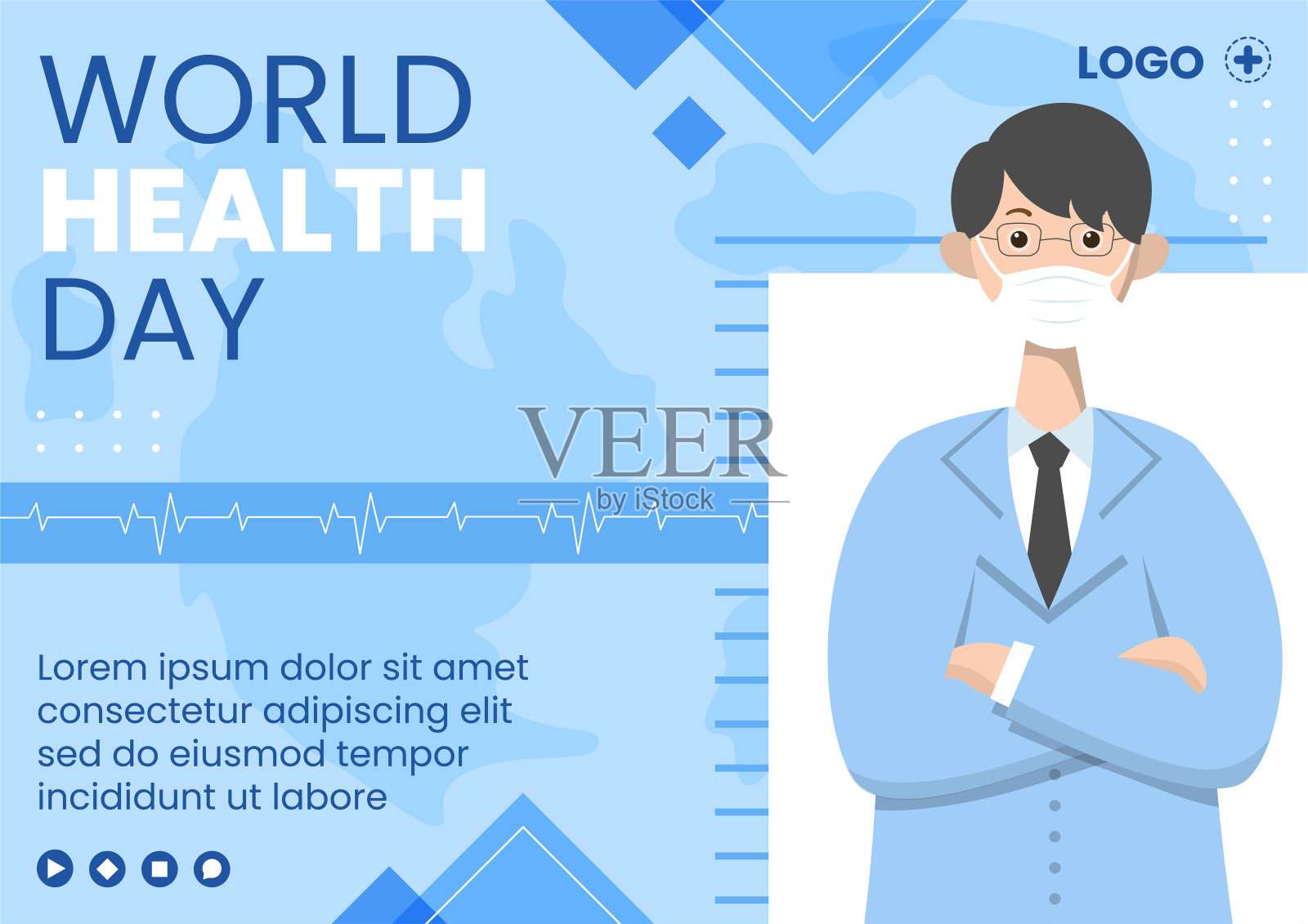 世界卫生日宣传册模板扁平的医疗保健插图，可编辑的广场背景，适合社交媒体或运动插画图片素材