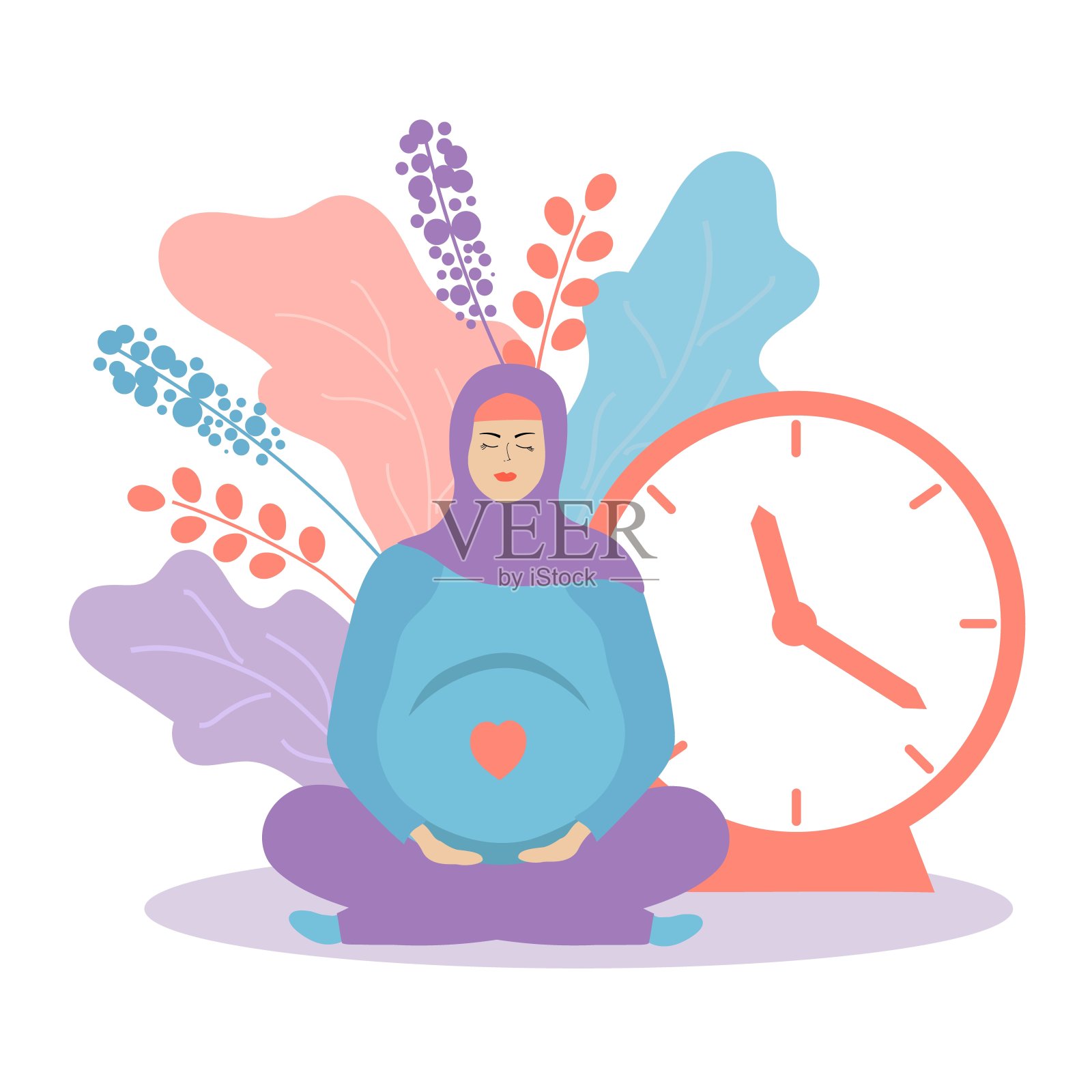可爱的孕妇，戴着头巾，带着花，还有个钟。穆斯林女孩。出生时间或等待婴儿出生的时间。怀孕和生育。带着一个孩子。平坦的插图。紫色。插画图片素材