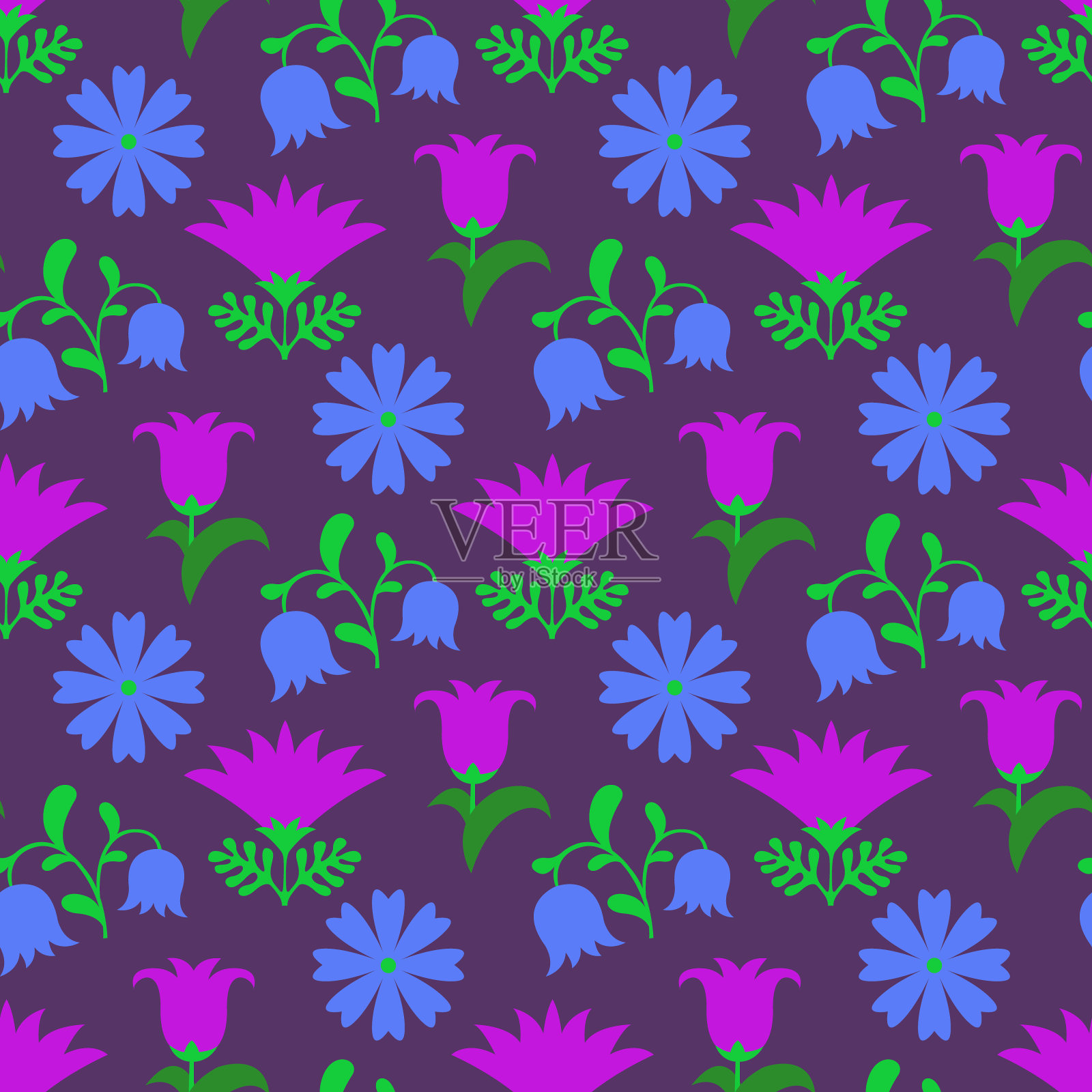 无缝图案与蓝色花朵。春天的草地。向量的背景。插画图片素材