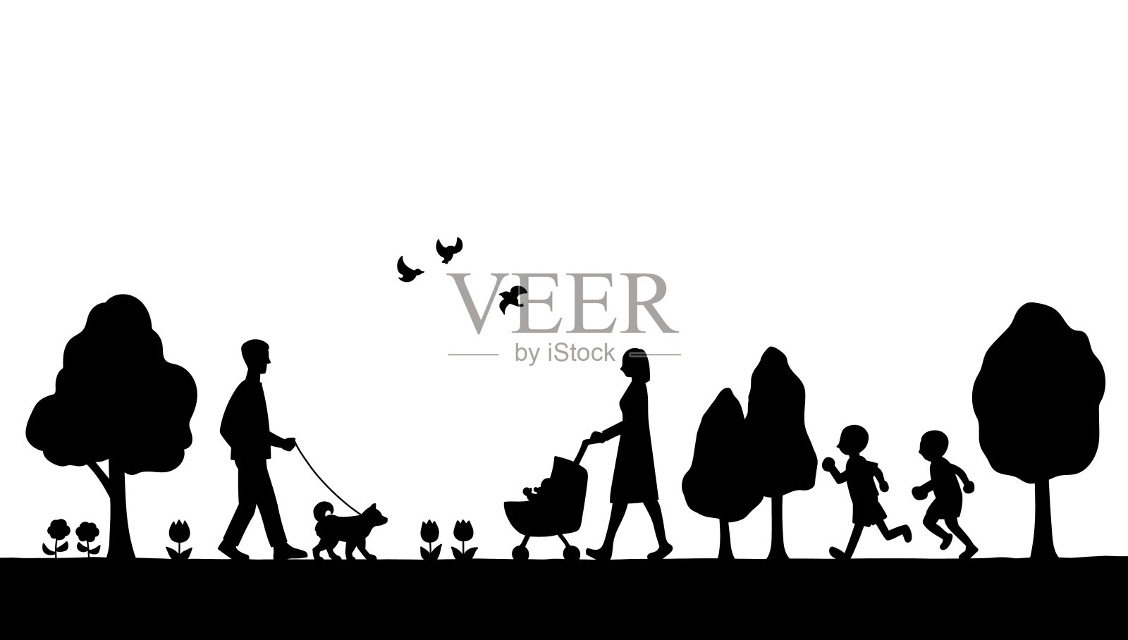 背景材料的公园和人的景观手绘图纸插画图片素材