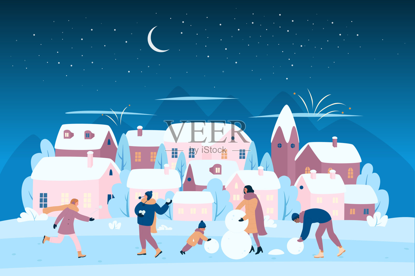 快乐的一家人在圣诞晚上和晚上堆雪人，在街上打雪仗插画图片素材