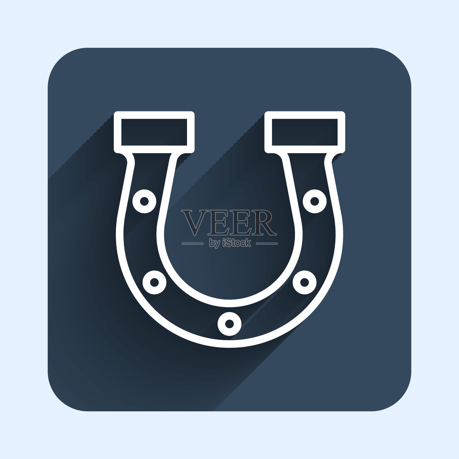 白线马蹄铁图标孤立与长阴影背景。蓝色方块按钮。向量设计元素图片