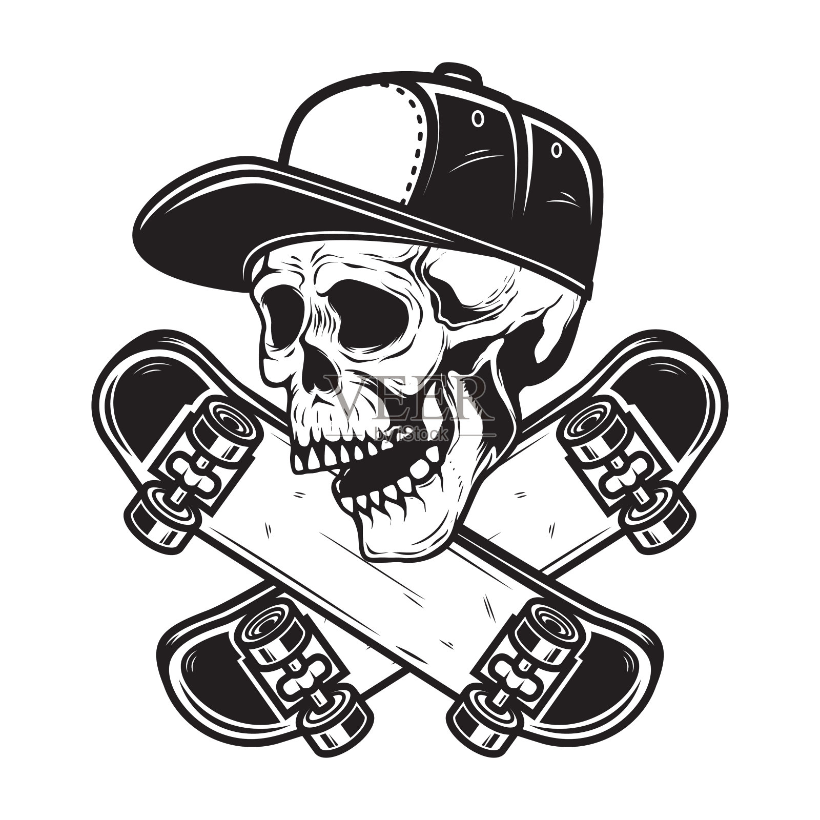 滑板头骨与滑板交叉。标签标识、海报、t恤的设计元素。矢量图插画图片素材