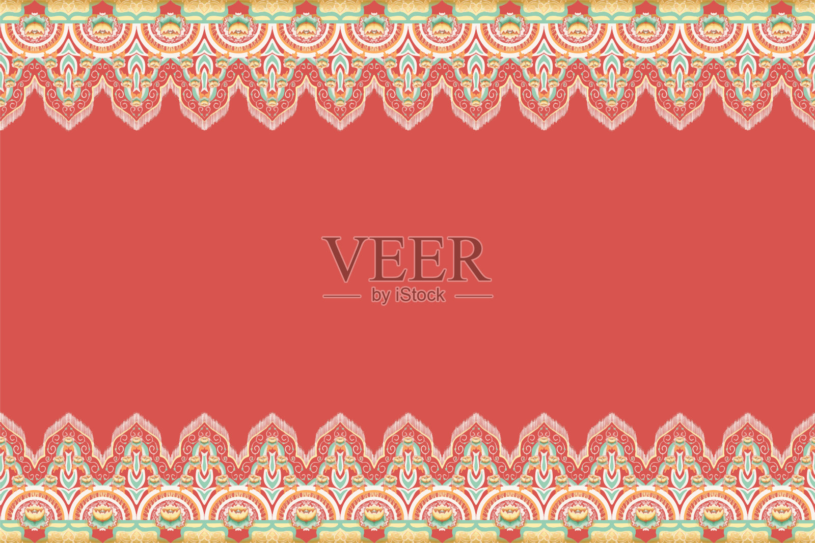 黄色，绿色，橙色花在红色上。几何民族东方图案传统设计背景，地毯，壁纸，服装，包装，蜡染，织物，矢量插图刺绣风格插画图片素材