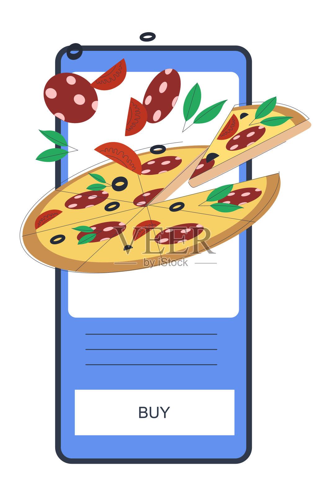 用香肠在手机上购买披萨。快餐交付。平面向量插画图片素材