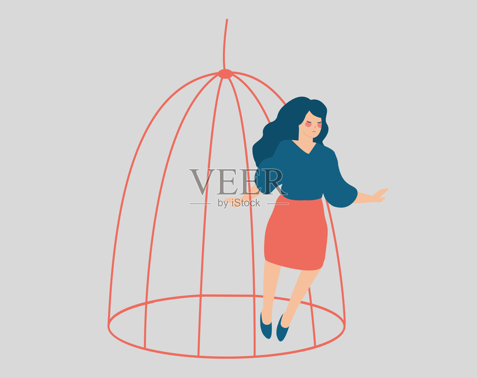 一个从笼子里逃出来的年轻女人。女性或女孩走出监狱，走出狭小的空间。向量的股票。插画图片素材