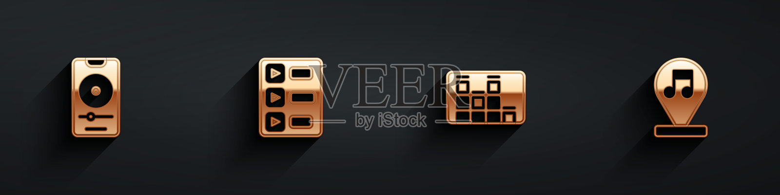 设置音乐播放器，播放列表，均衡器和音符，音调图标与长阴影。向量图标素材