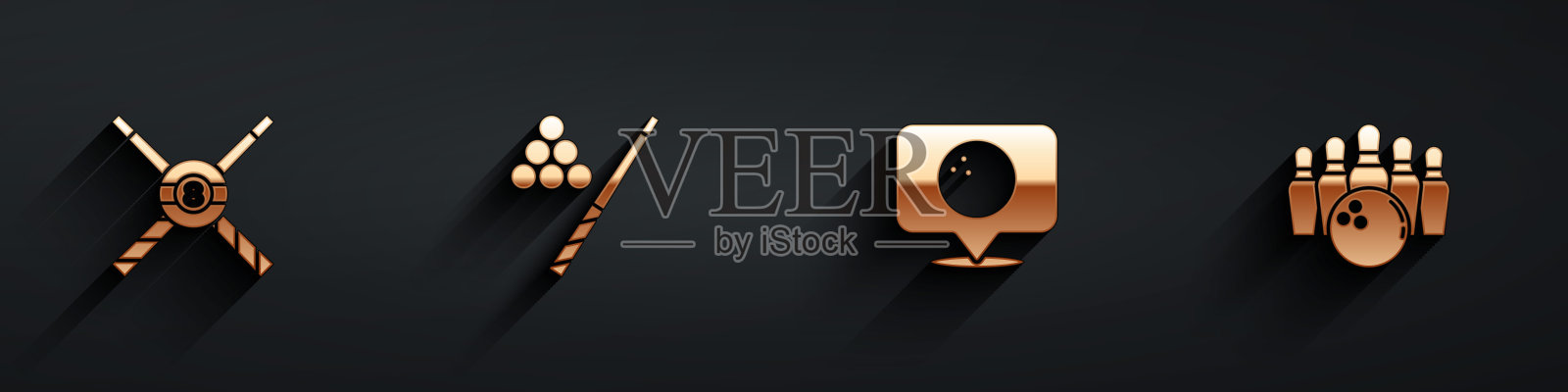 设置交叉台球杆和球，台球，位置与保龄球和保龄球瓶图标的长阴影。向量图标素材