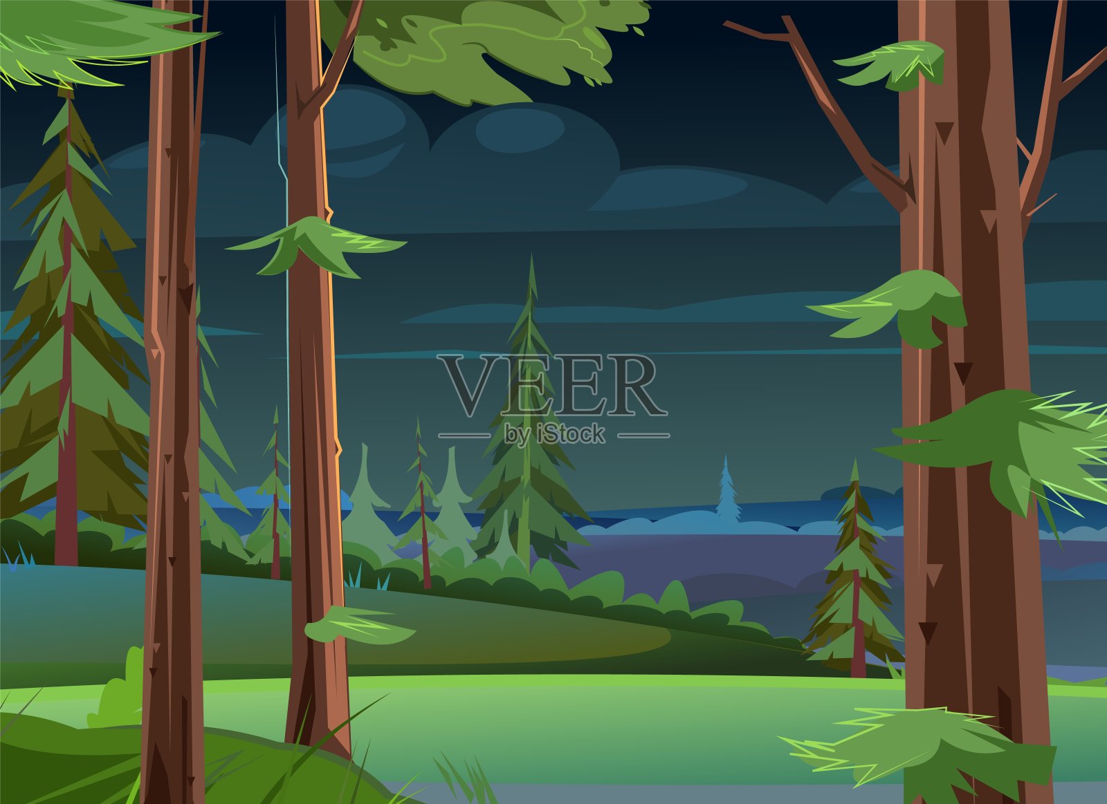 树木和冷杉的夜间景观。黄昏时的针叶林。黑暗的夏天的场景。插图在卡通风格的平面设计。向量插画图片素材