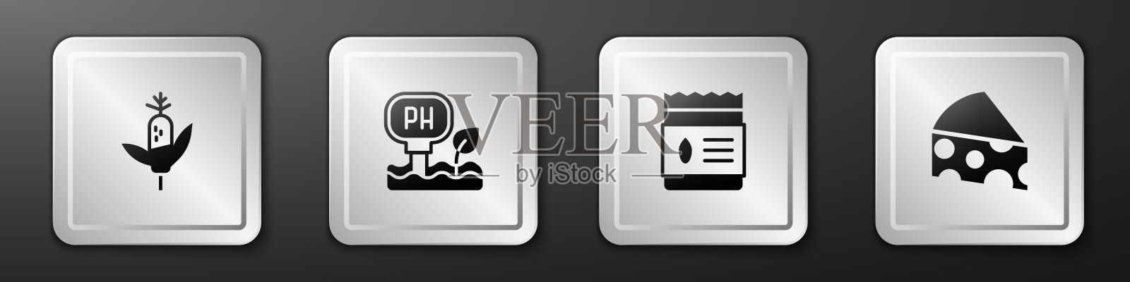 设置玉米，土壤ph值测试，包装充满种子的植物和奶酪图标。银广场按钮。向量图标素材