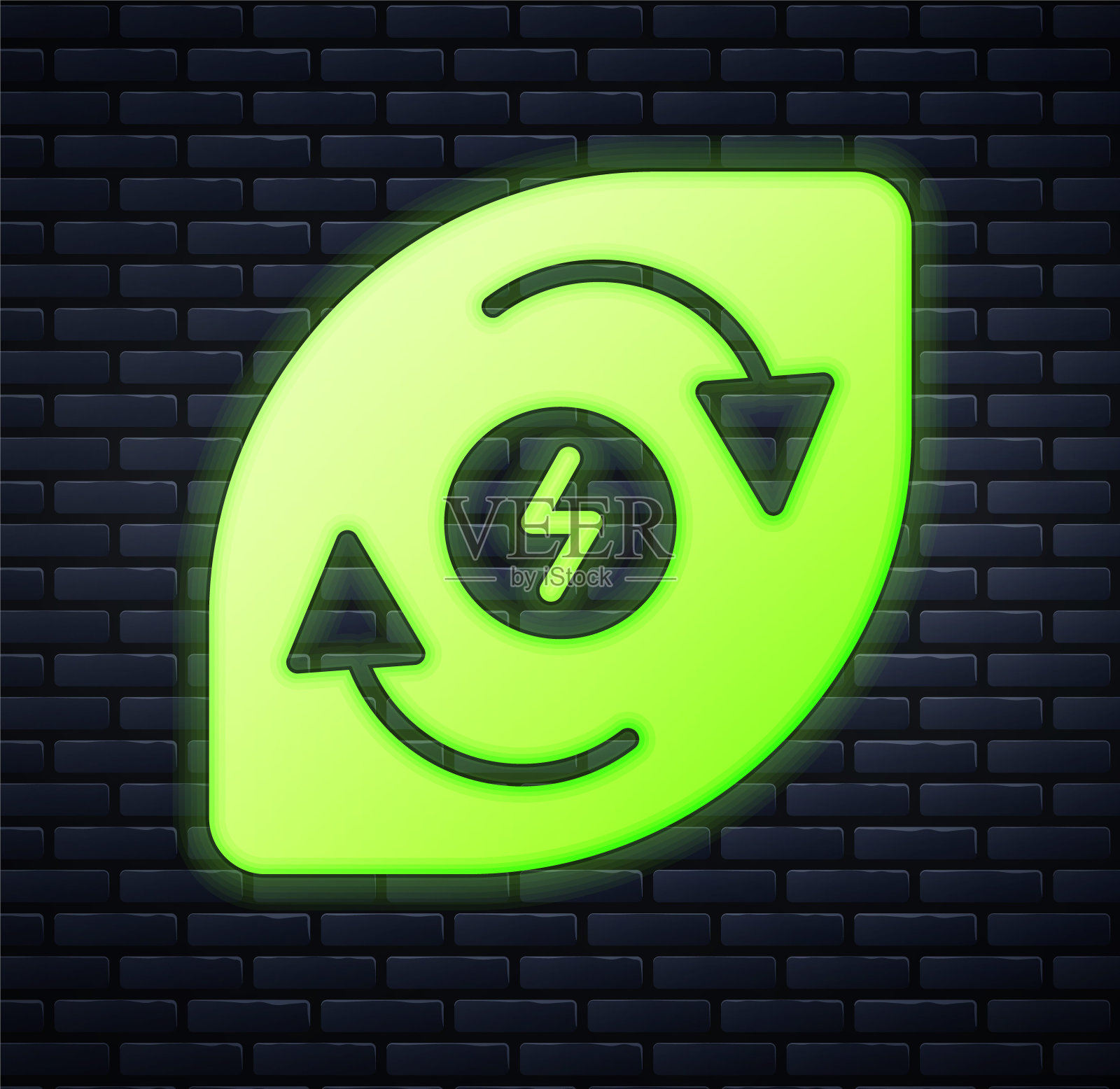 发光的霓虹灯水能图标孤立在砖墙背景。小水滴的生态概念。替代能源的概念。向量插画图片素材