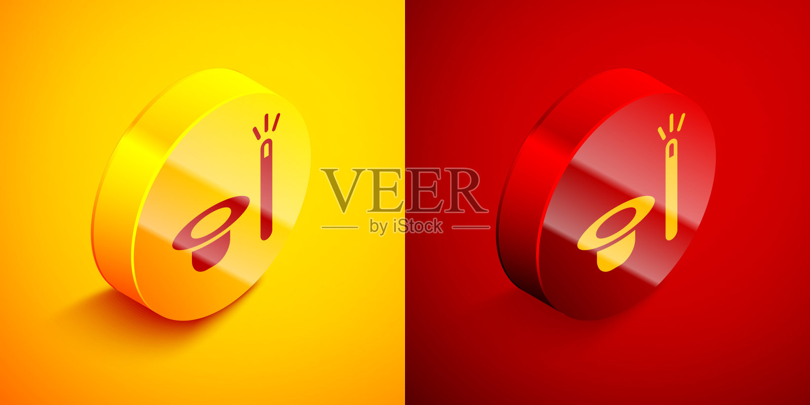 等距魔术帽和魔杖图标孤立在橙色和红色的背景。魔术。神秘的娱乐概念。圆按钮。向量图标素材