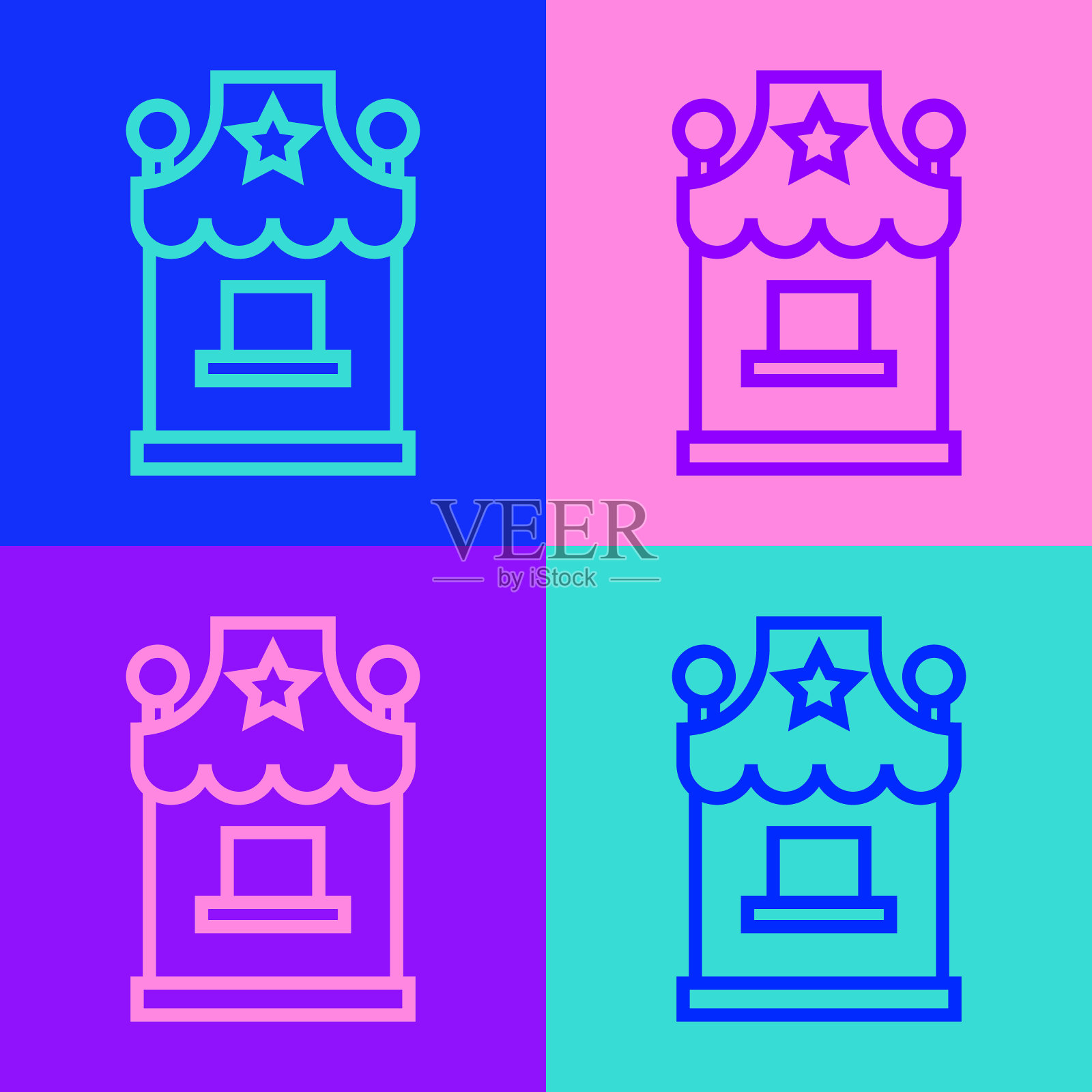 流行艺术线票房图标孤立的颜色背景。售票亭，用于销售景点和体育活动的门票。向量图标素材