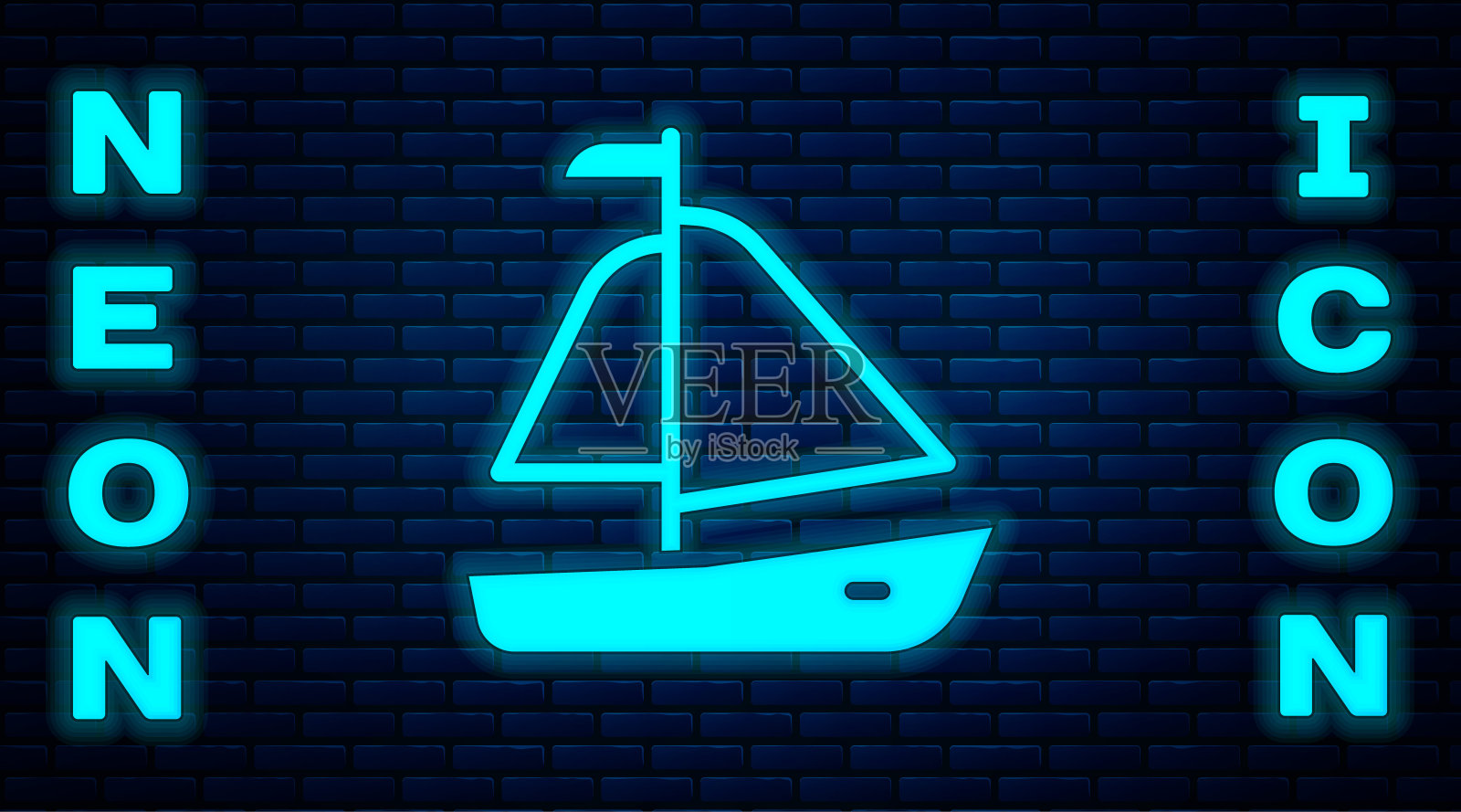 发光的霓虹灯游艇或帆船图标孤立在砖墙背景。帆船海上巡航旅行。向量插画图片素材