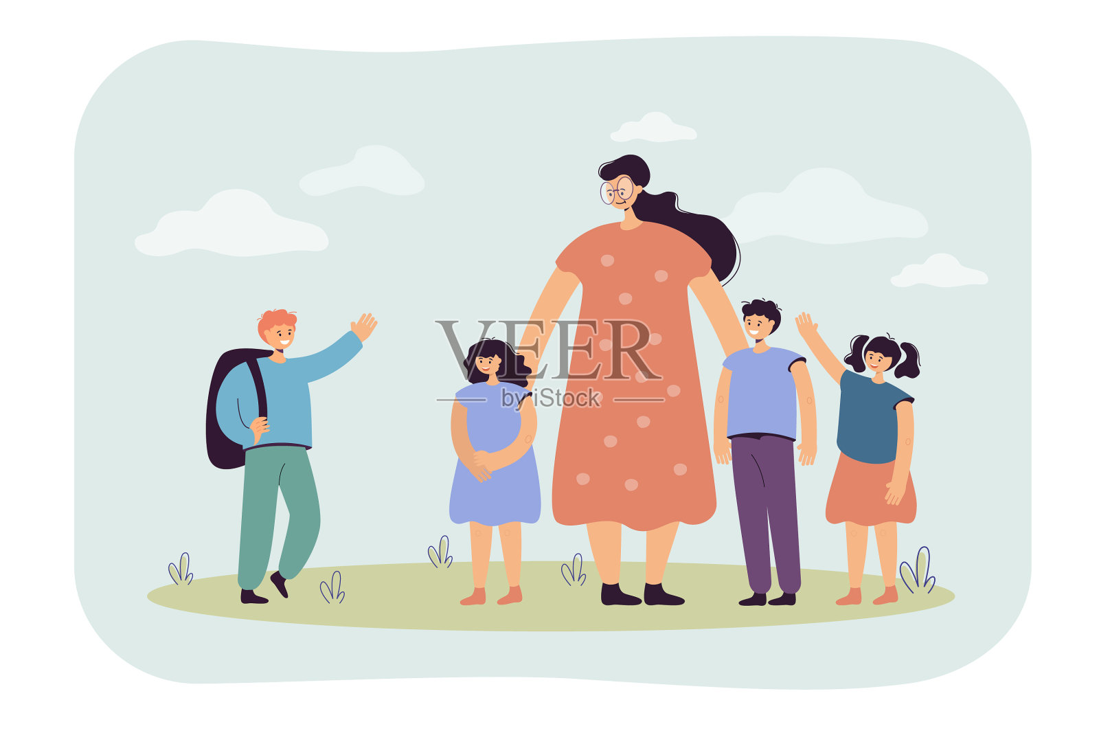 母亲带着学龄前的孩子和学童设计元素图片