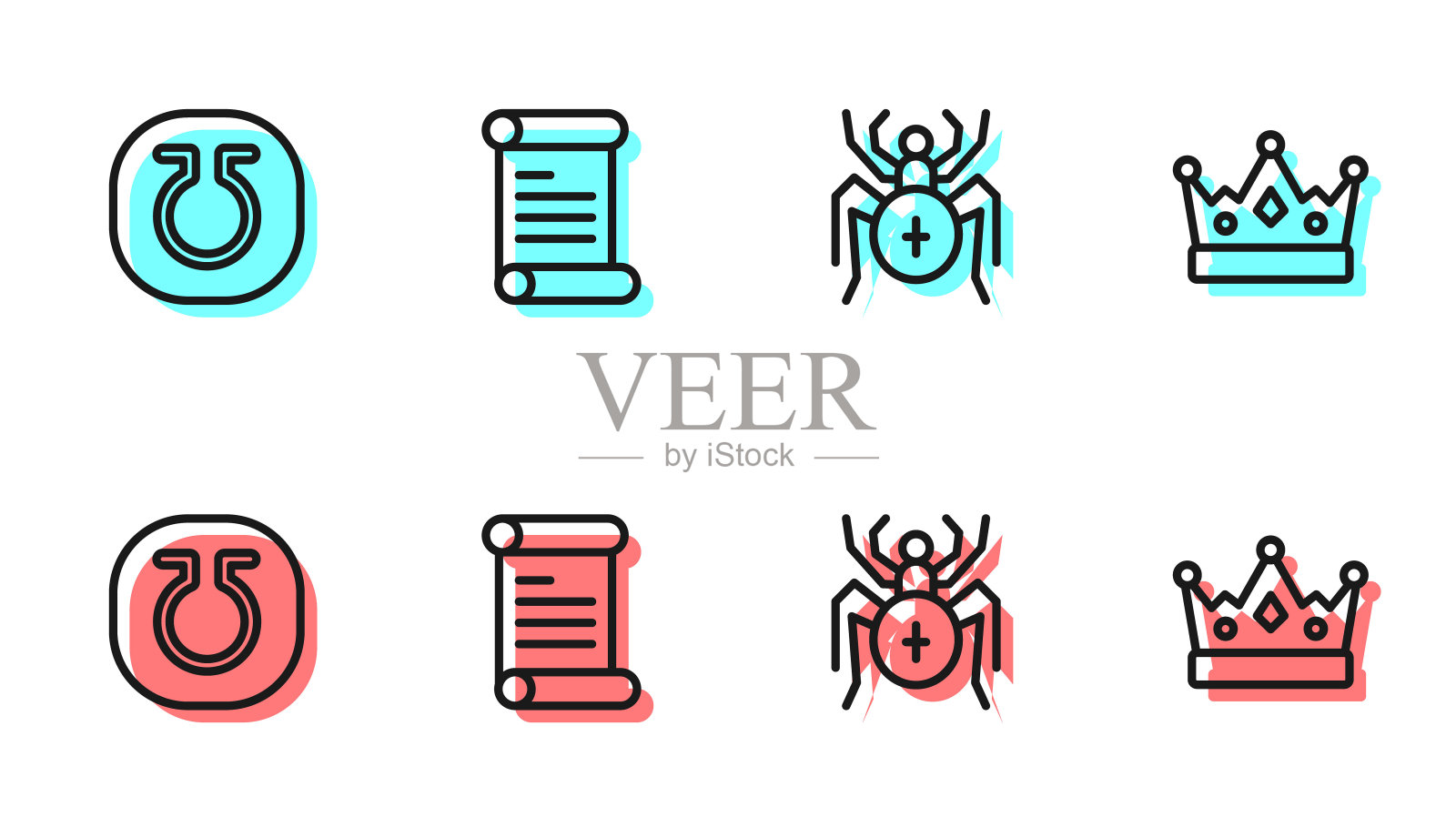 设置线蜘蛛，生命，法令，羊皮纸，卷轴和国王皇冠图标。向量图标素材