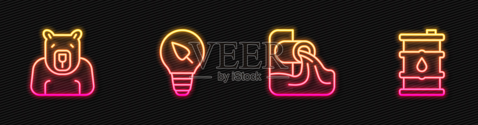 废水，北极熊头，灯泡与树叶和桶油。发光的霓虹灯图标。向量图标素材