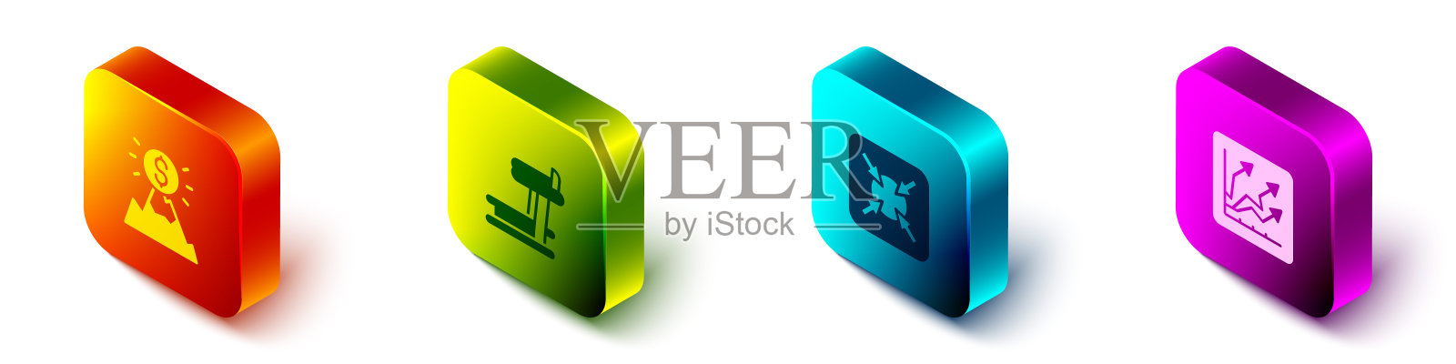 设置等距山脉与旗帜，跑步机，目标和财务增长图标。向量图标素材