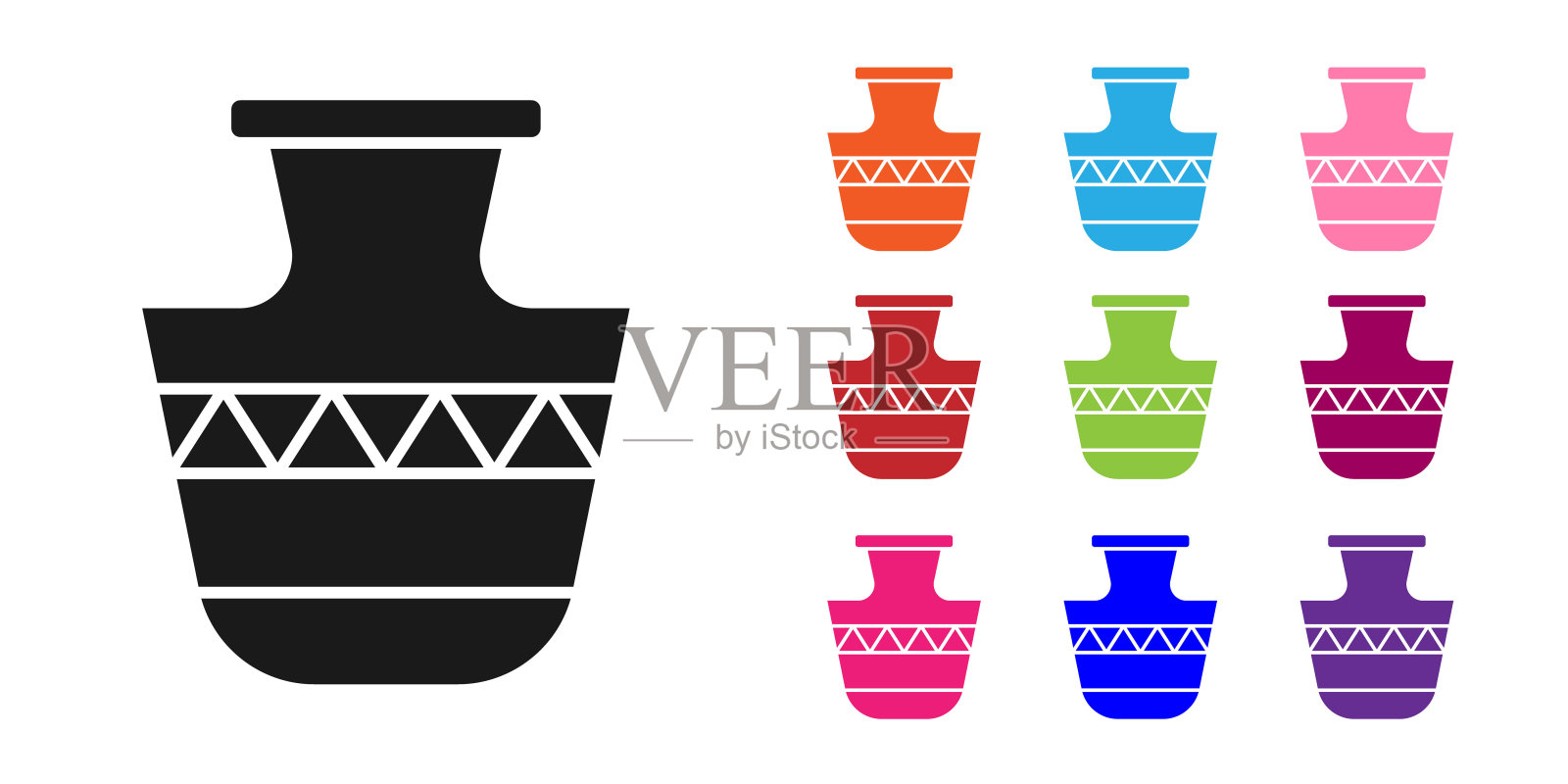 黑色古代双耳罐图标孤立在白色背景上。设置图标丰富多彩。向量插画图片素材