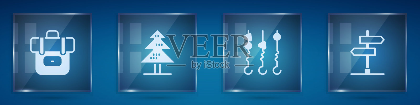 设置徒步背包，树，烤肉串和道路交通标志。方形玻璃面板。向量插画图片素材