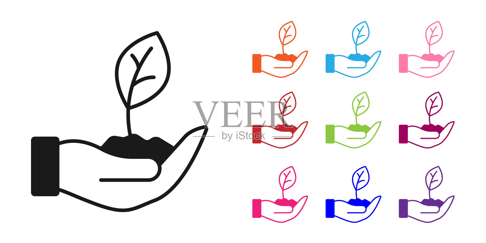 黑色植物手环保图标孤立在白色背景上。种子和幼苗。种植树苗。设置图标丰富多彩。向量插画图片素材