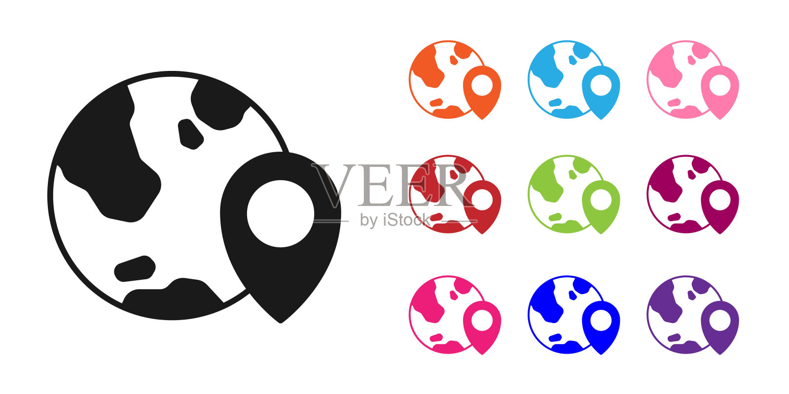 在白色背景上孤立的全球图标上的黑色位置。土相星座。设置图标丰富多彩。向量图标素材