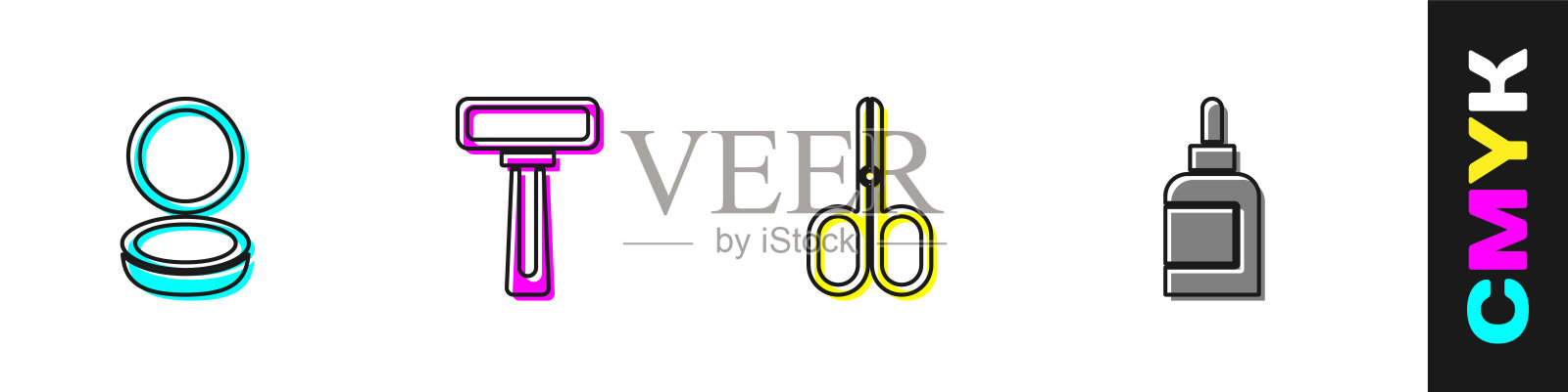 设置化妆粉与镜子，剃须刀，剪刀和霜乳液化妆品管图标。向量设计元素图片