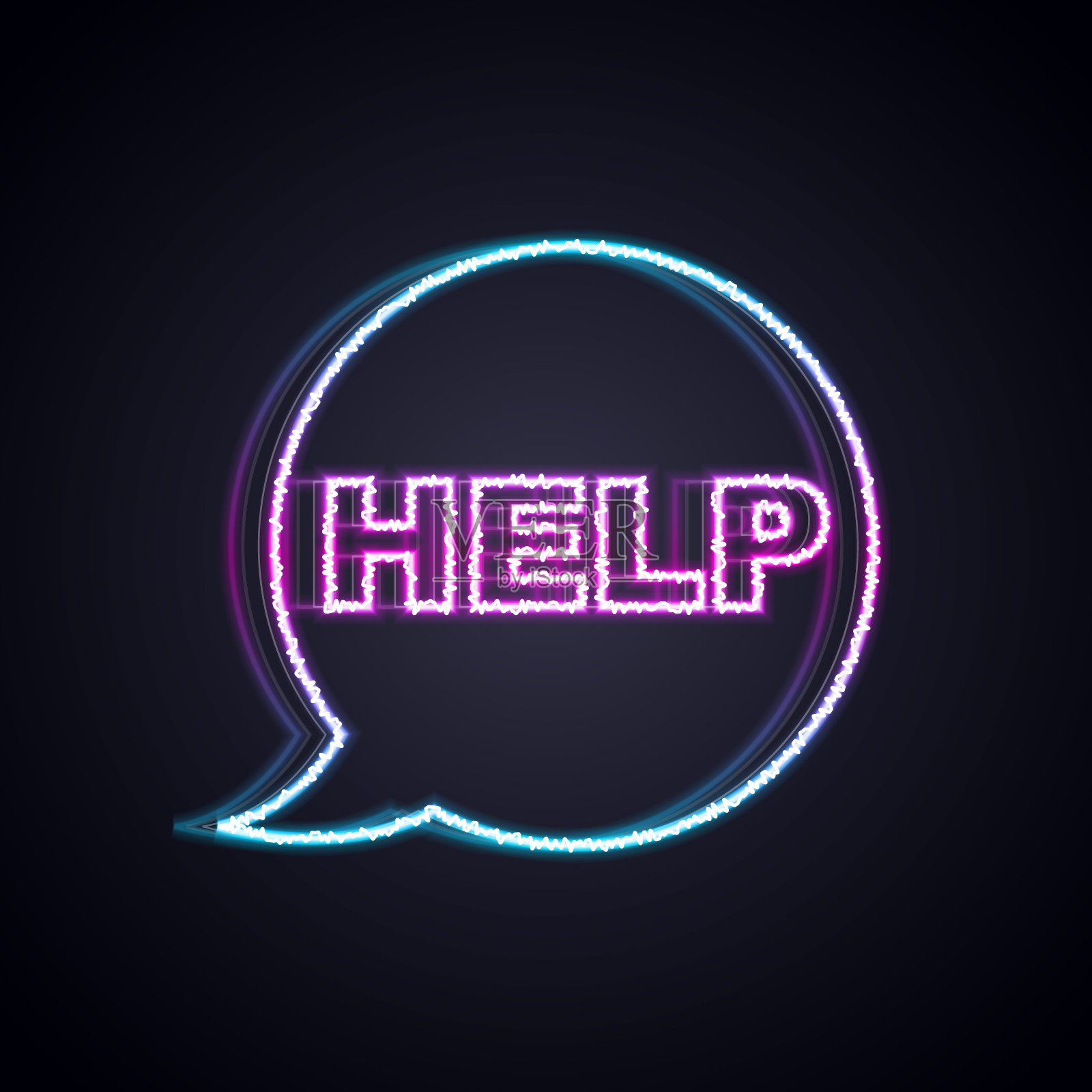 发光的霓虹灯线语音气泡与文本帮助图标孤立在黑色背景。向量插画图片素材