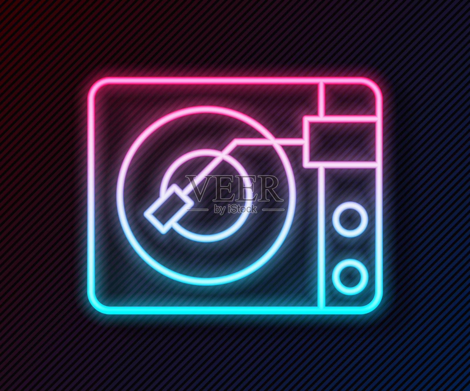 发光的霓虹灯线黑胶播放器与黑胶盘图标孤立在黑色背景。向量插画图片素材