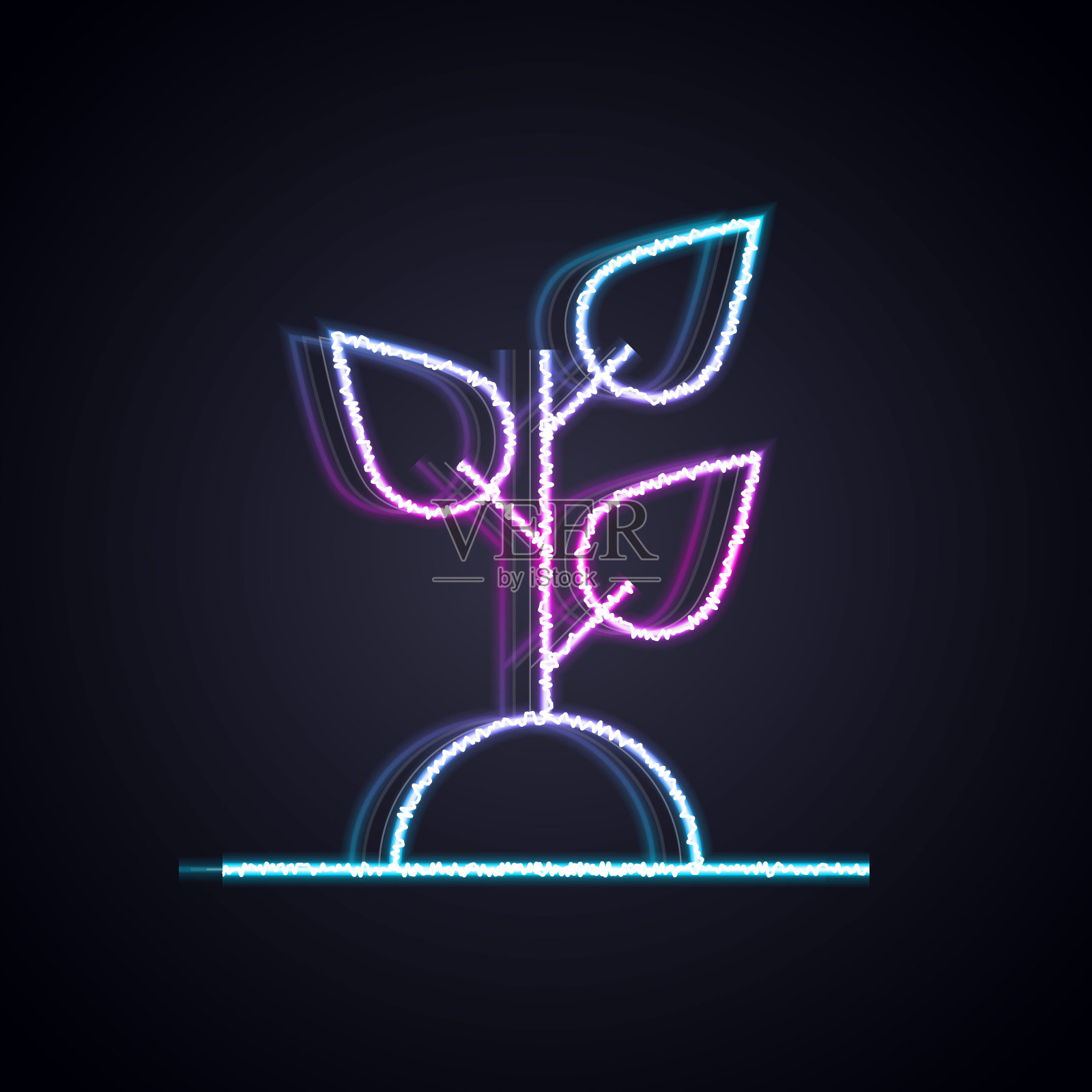 发光的霓虹灯线志愿者团队种植树木的图标孤立在黑色的背景上。代表生态保护，保护花草树木。向量插画图片素材