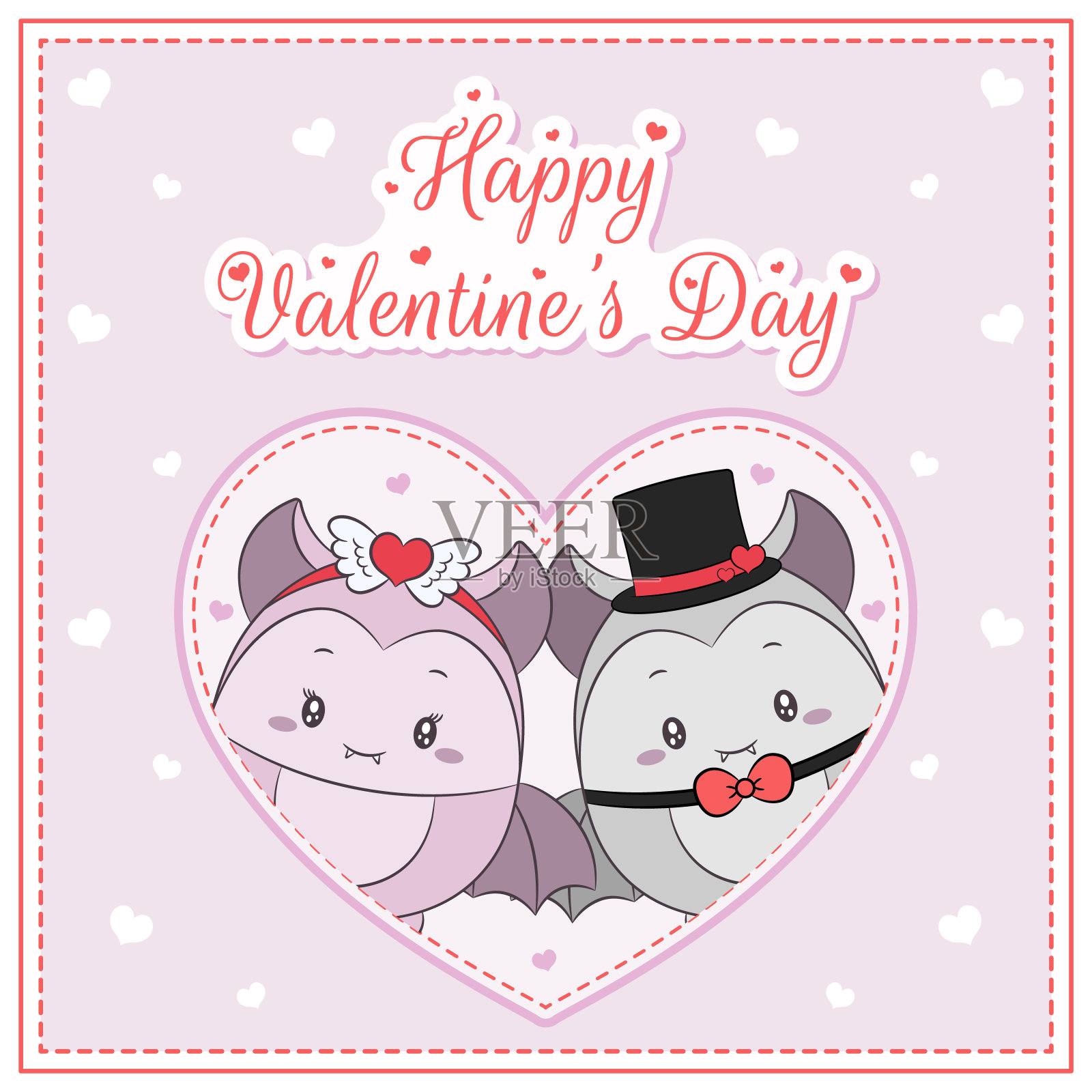 情人节爱可爱的蝙蝠大心脏卡片与快乐的情人节文字与心素描着色插画图片素材