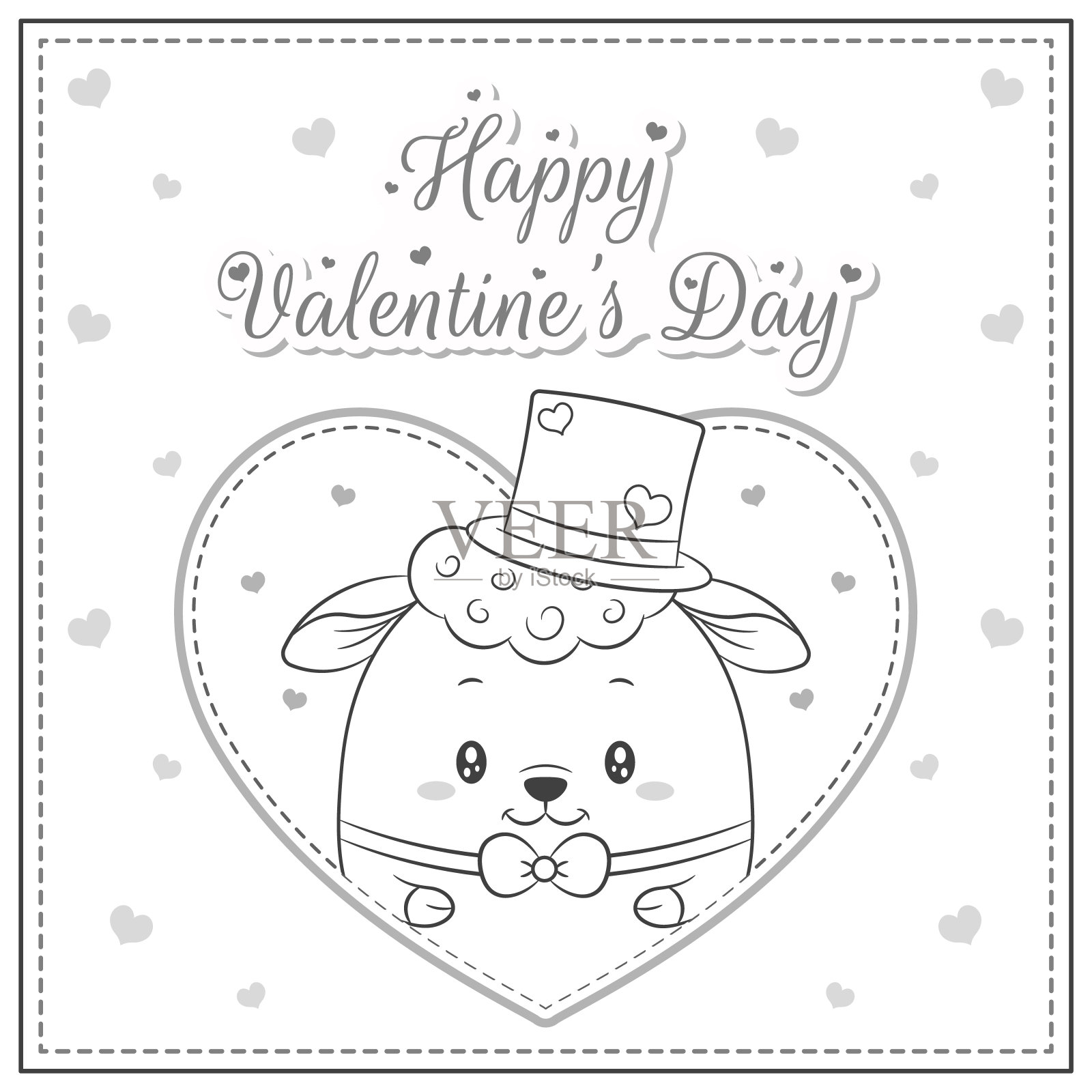 情人节爱可爱的羊大心脏卡片与快乐的情人节文字与心素描着色设计模板素材