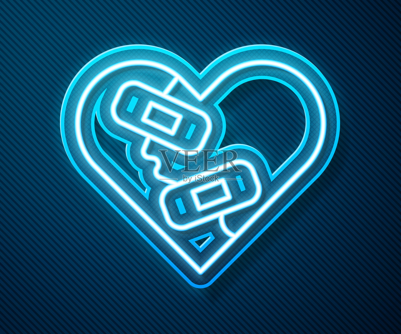 霓虹灯线愈合了破碎的心或离婚图标孤立在蓝色背景。破碎又修补的心。爱的象征。情人节。向量插画图片素材