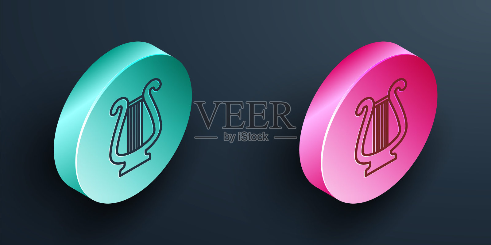 等距线古希腊竖琴图标孤立在黑色背景上。古典乐器，管弦乐队弦乐器的声学元素。绿松石和粉红色的圆形按钮。向量设计模板素材