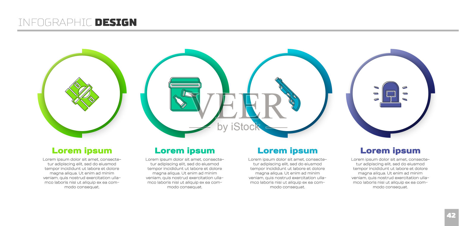集纸钱现金，带子弹的证据袋，警察猎枪和闪光警报器。业务信息模板。向量设计模板素材