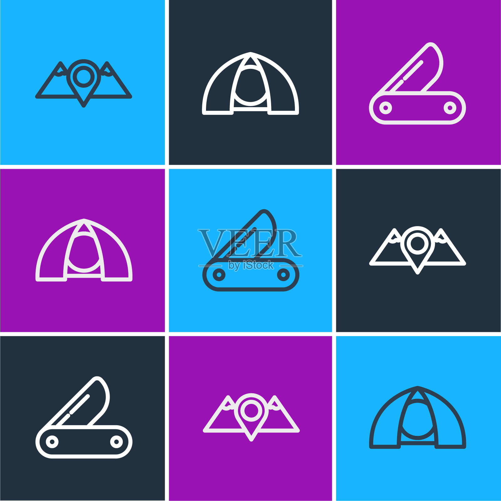 设置线位置山，瑞士军刀和旅游帐篷图标。向量图标素材