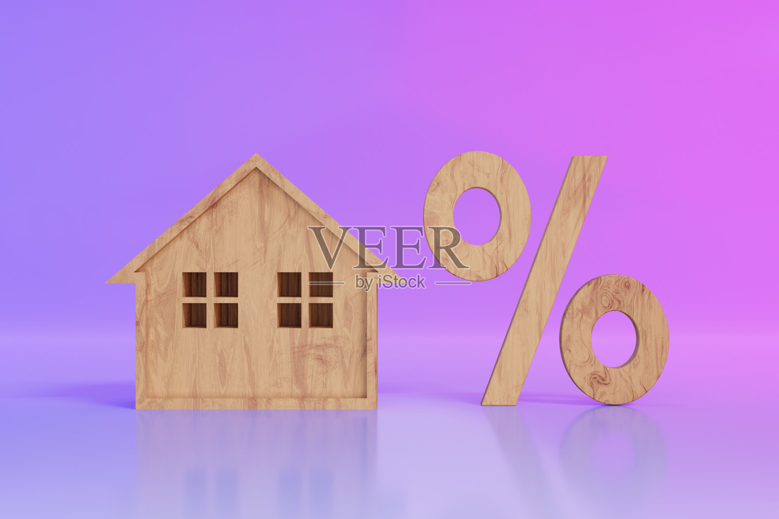 木制玩具屋和百分比符号。照片摄影图片