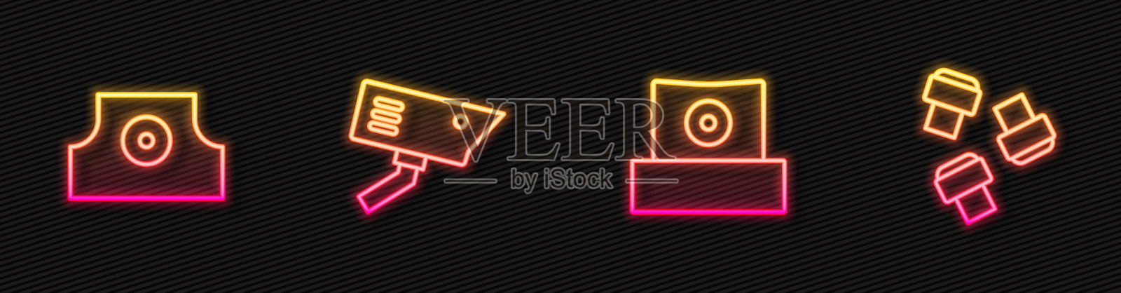 设置线喷罐喷嘴盖，安全摄像头和记号笔附件。发光的霓虹灯图标。向量插画图片素材