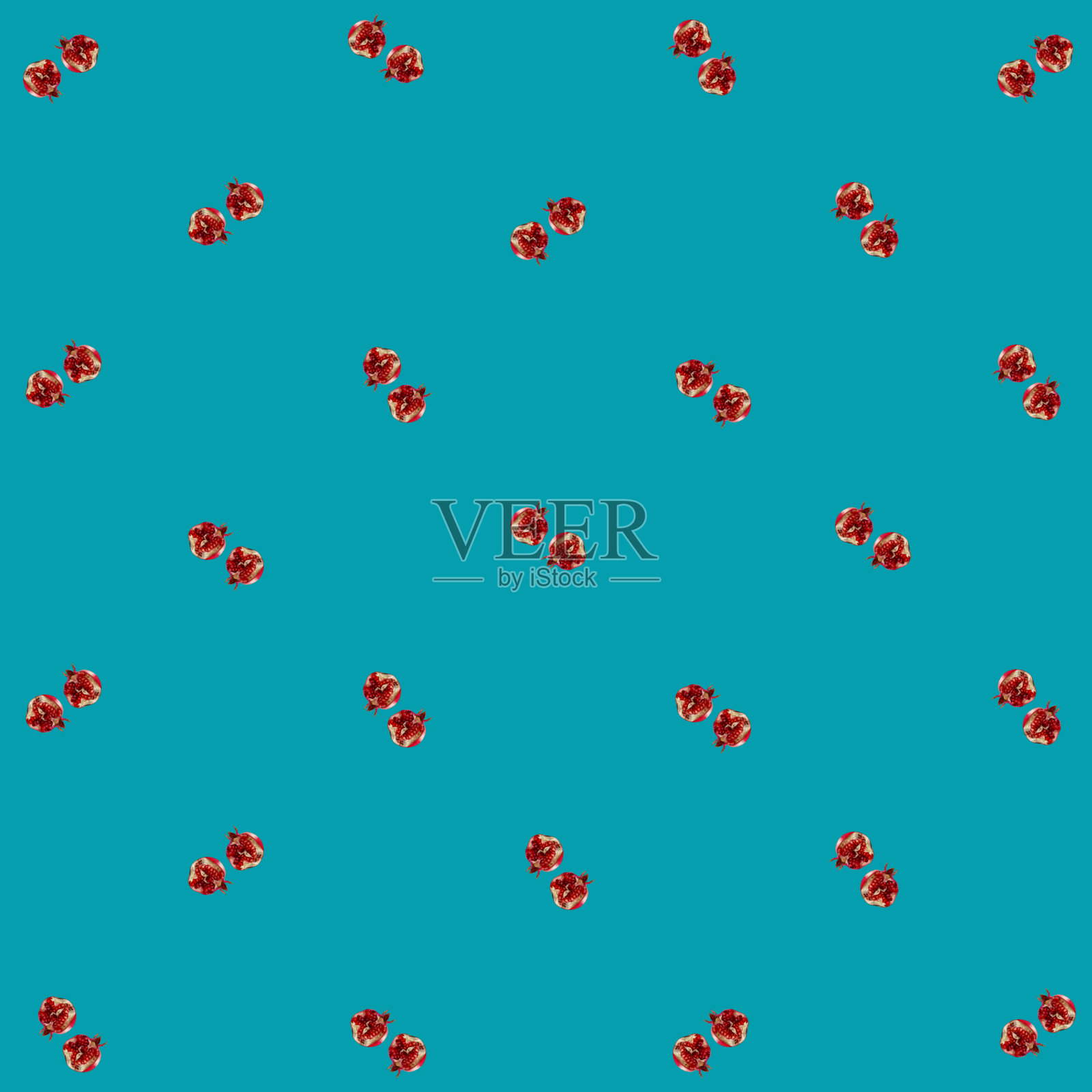 鲜艳的水果图案，新鲜的石榴在蓝色的背景上。前视图。平的。波普艺术设计照片摄影图片