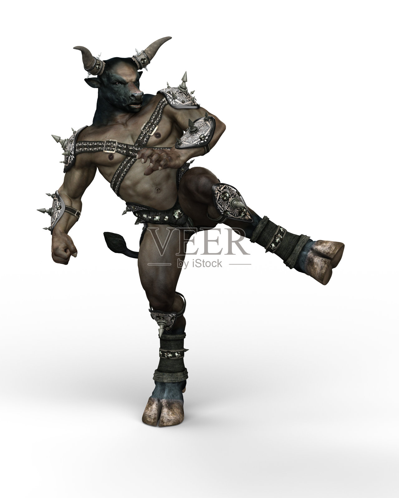 希腊神话中的神话人物——牛头怪，在白色背景上用蹄子踢人。照片摄影图片