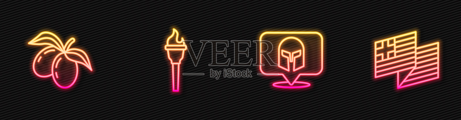 设置希腊头盔、橄榄枝、火炬和希腊国旗。发光的霓虹灯图标。向量插画图片素材