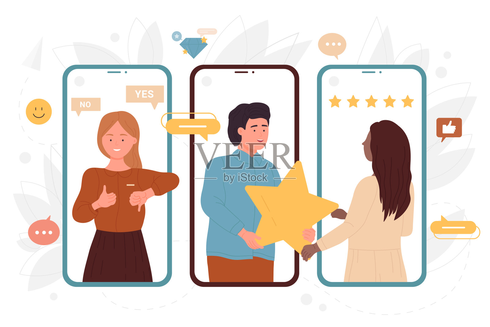 人们在手机屏幕上提供评论，男人给女人星星插画图片素材