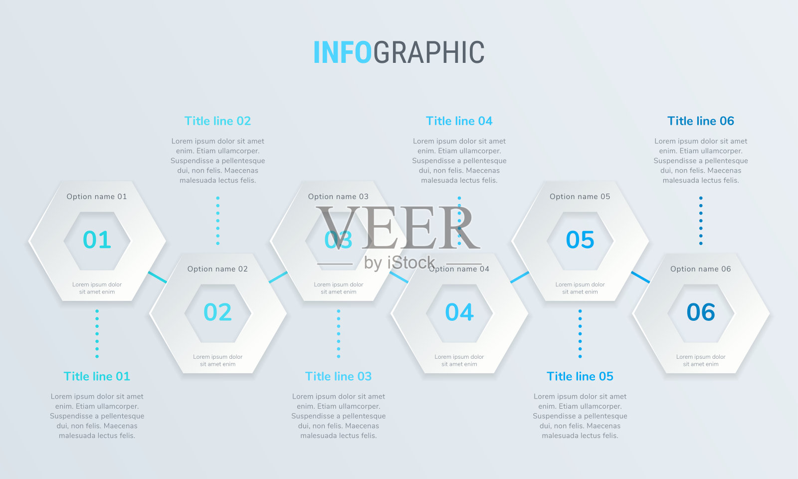 摘要商业蜂窝状信息图形模板，有6个选项。蓝图，时间轴和时间表孤立在光背景上。插画图片素材