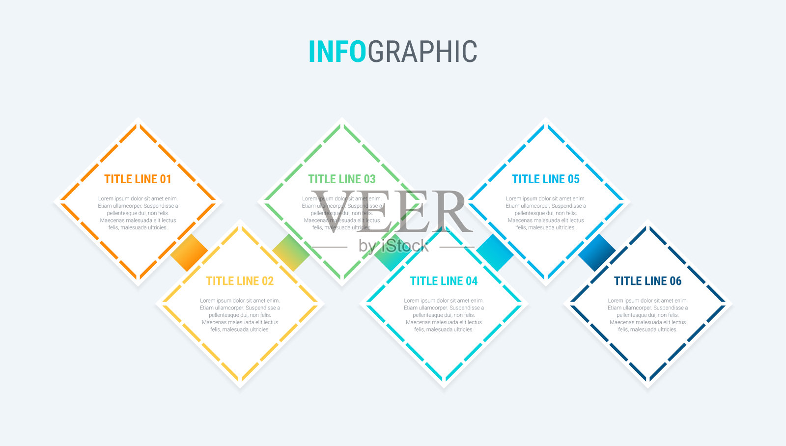 信息图表模板。6步方形设计，色彩艳丽。用于演示的矢量时间轴元素。插画图片素材