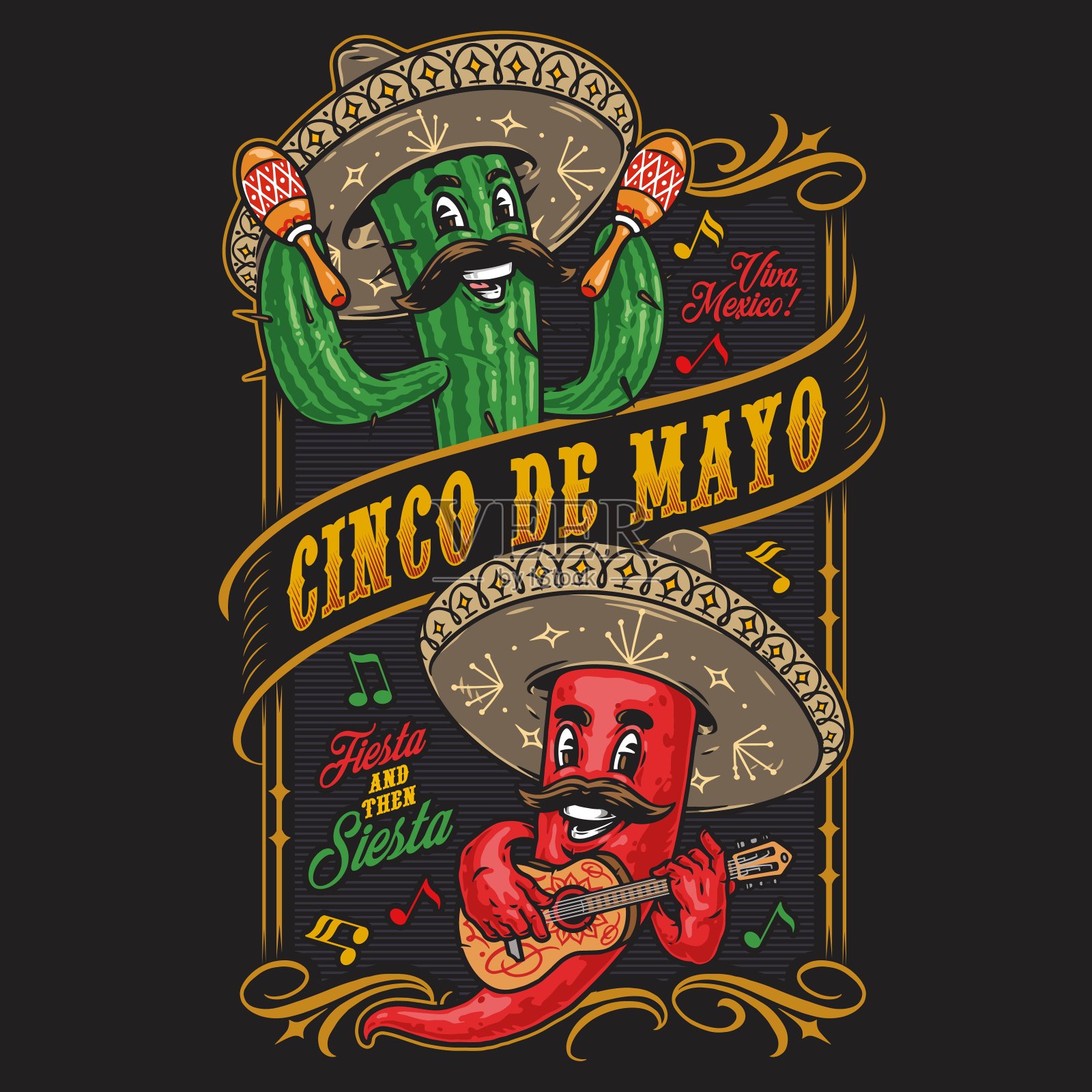 仙人掌和辣椒配上乐器插画图片素材