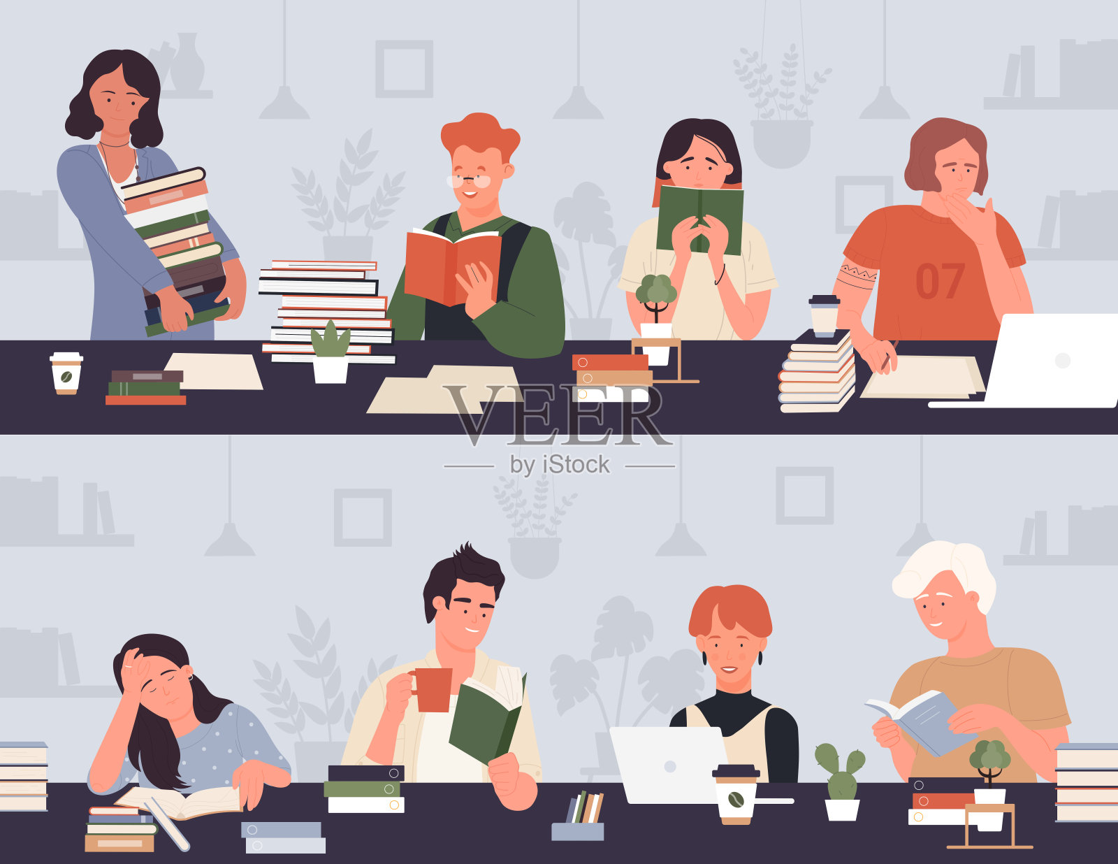 学生们在教室或图书馆的桌子上学习，阅读纸质书，学校教育设置插画图片素材