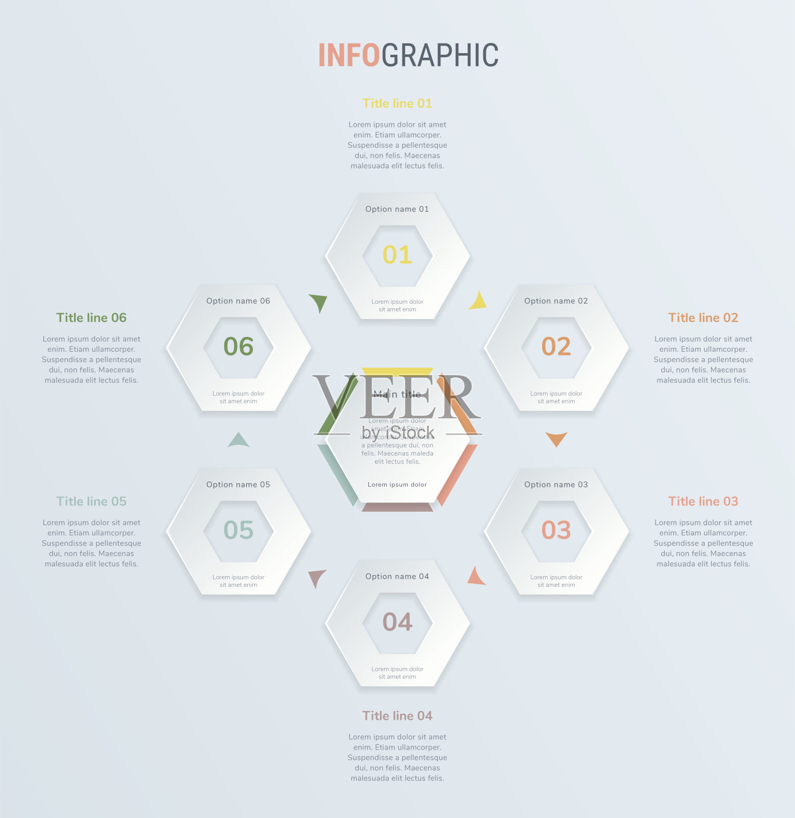 复古时间轴信息图形设计向量。6步，蜂巢式工作流程布局。矢量信息图表时间表模板。设计模板素材