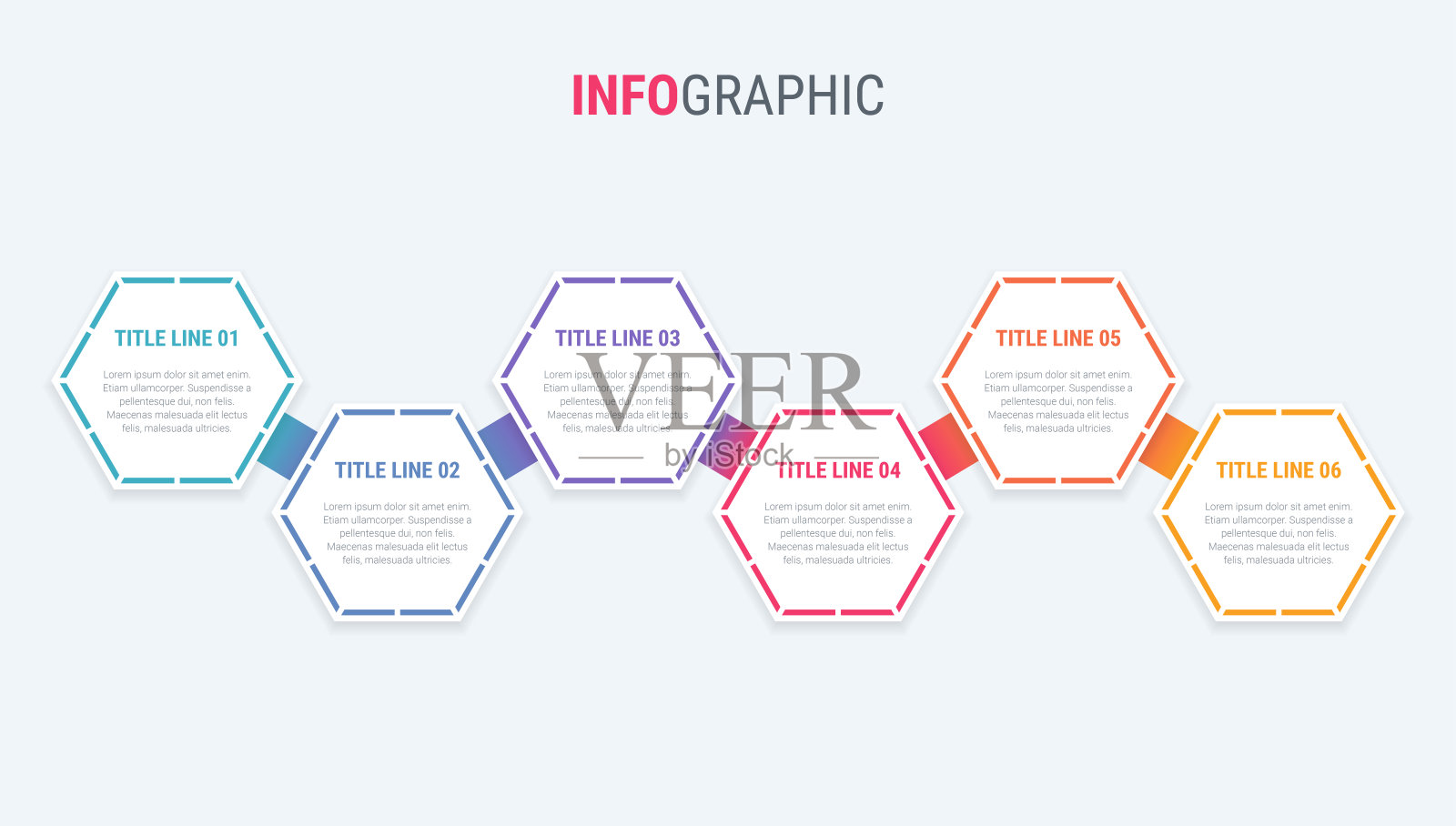 信息图表模板。6步蜂窝式设计，色彩艳丽。用于演示的矢量时间轴元素。插画图片素材
